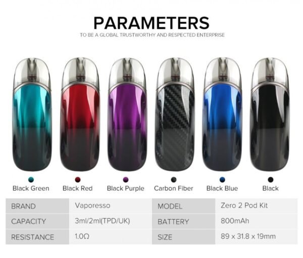 جهاز فيب Vaporesso Zero 2 Pod Kit بألوان متعددة ووصف المواصفات