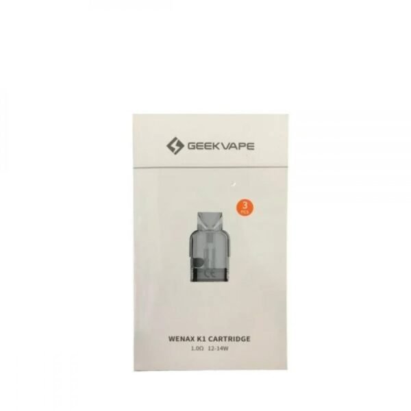 علبة بودات Geekvape Wenax K1 أمامية بيضاء وبود شفاف تظهر ثلاث قطع علبة بودات Geekvape Wenax K1 أمامية بيضاء وبود شفاف تظهر ثلاث قطع