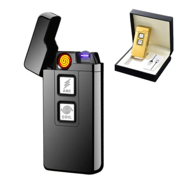 ولاعة الكترونية 2 في 1 فضية اللون بقوس كهربائي ARC وملف إشعال مع منفذ شحن USB ولاعة الكترونية 2 في 1 فضية اللون بقوس كهربائي ARC وملف إشعال مع منفذ شحن USB
