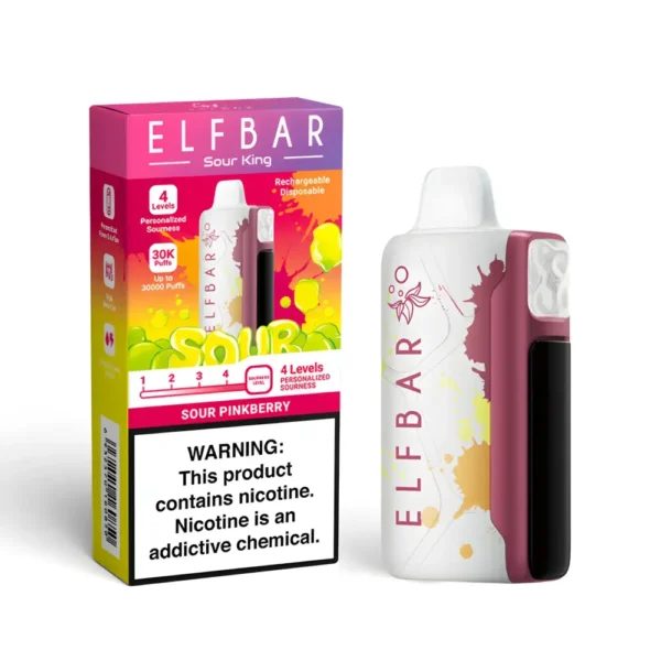 جهاز ELFBAR Sour King 30K بجانب علبته بنكهة Sour Pinkberry جهاز ELFBAR Sour King 30K بجانب علبته بنكهة Sour Pinkberry