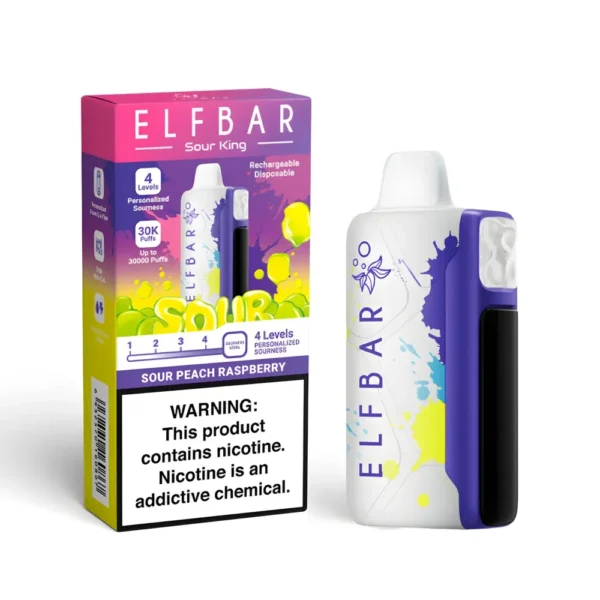 جهاز ELFBAR Sour King 30K بجانب علبته مع تصميم أبيض وبنفسجي جهاز ELFBAR Sour King 30K بجانب علبته مع تصميم أبيض وبنفسجي